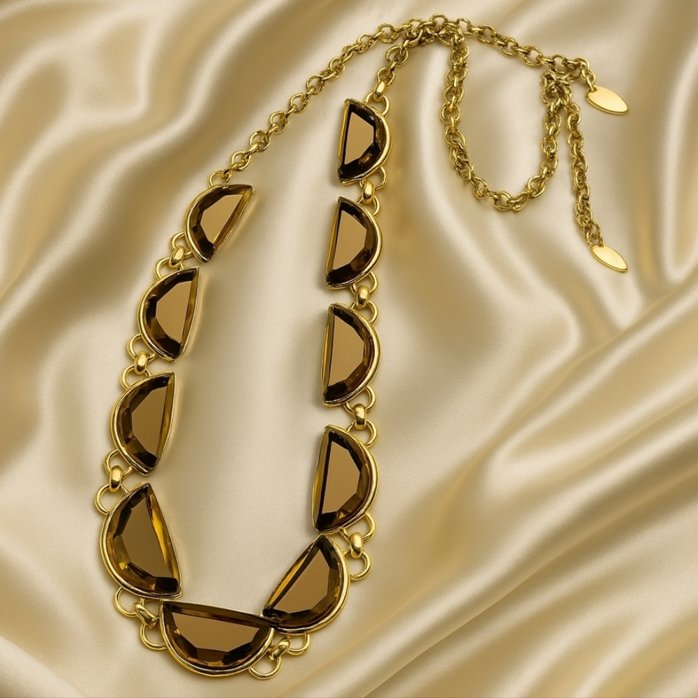 Coldwater Creek Gold Half-Moon Bead Necklace – Smoky Gemstone Statement Jewelry